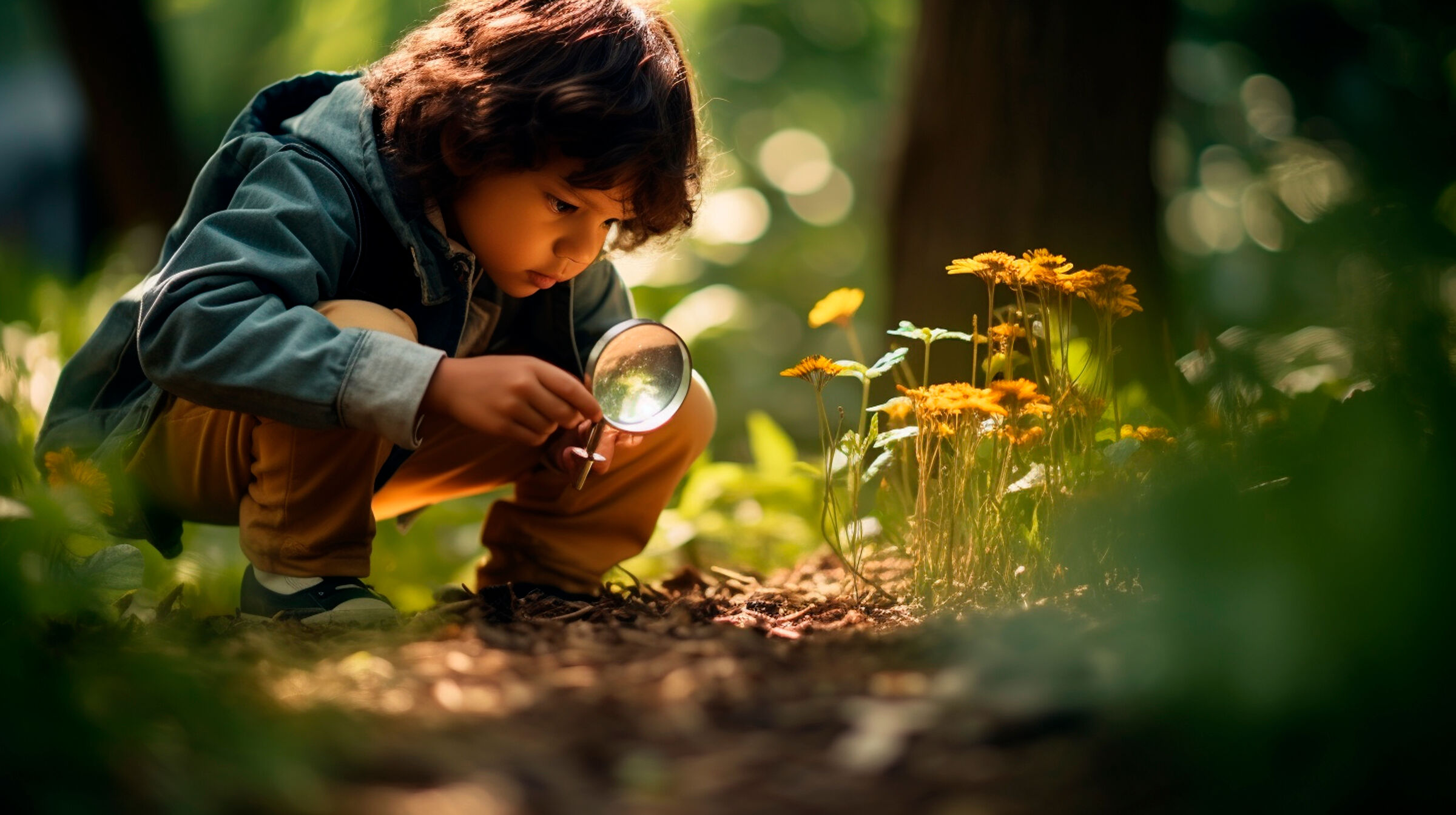 A camper examining a discovery through a magnifying glass