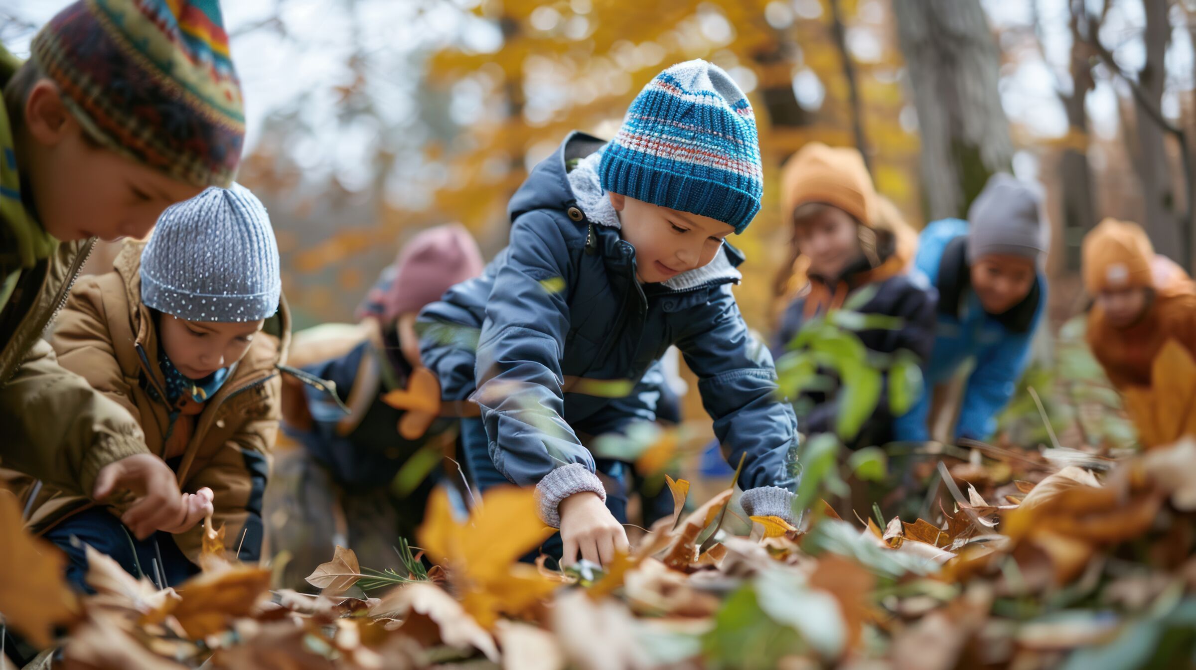 A young child digging through fallen leaves in the Hyphae House woods