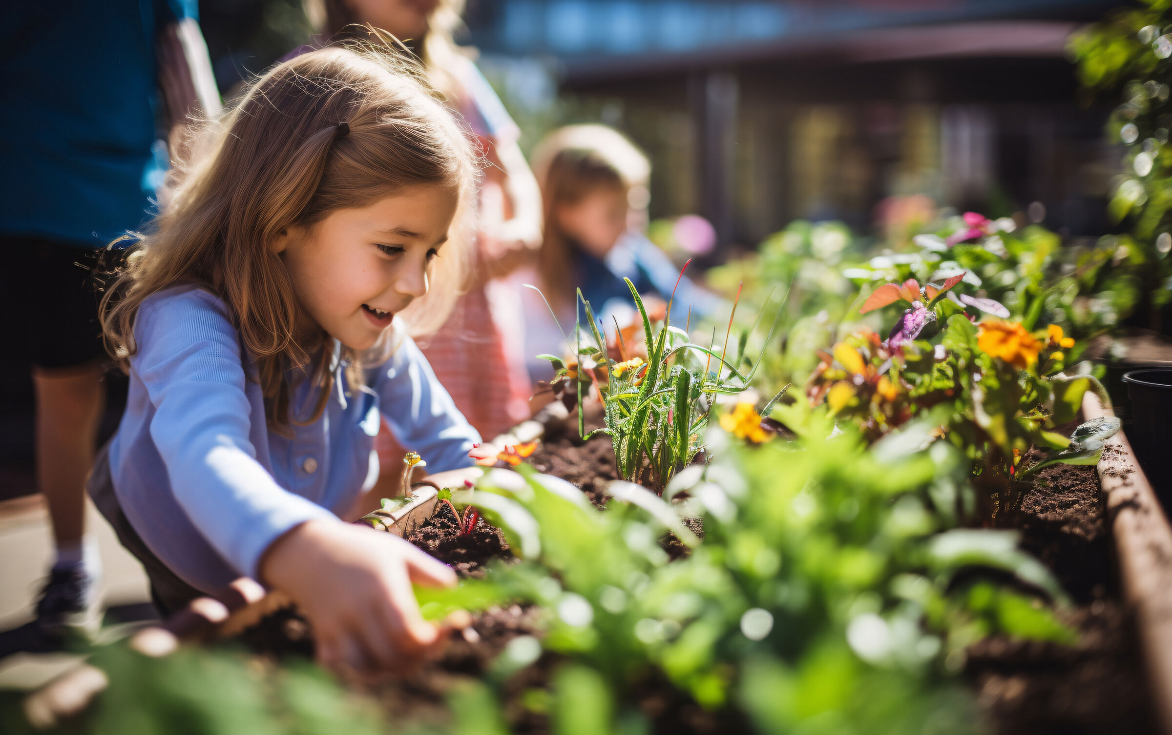 A camper tending a raised garden bed